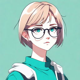 Create an anime-style image of a girl with short, very dark blonde hair, teal eyes, and silver circle glasses