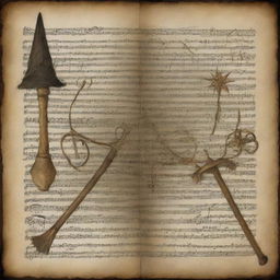 An artistic composition incorporating magical elements like wands, musical notes, and Hogwarts symbols, suggesting the magic and mysteries awaiting the readers.