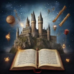 An artistic composition incorporating magical elements like wands, musical notes, and Hogwarts symbols, suggesting the magic and mysteries awaiting the readers.