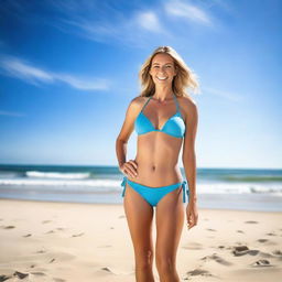 A beautiful woman in a bikini standing on a sunny beach with clear blue skies and gentle waves in the background