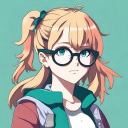 An anime girl with dark strawberry short blonde hair styled half up and half down, teal eyes, and grey circle glasses