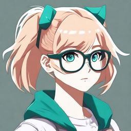 An anime girl with dark strawberry short blonde hair styled half up and half down, teal eyes, and grey circle glasses