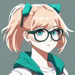 An anime girl with dark strawberry short blonde hair styled half up and half down, teal eyes, and grey circle glasses