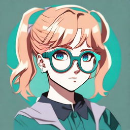 An anime girl with dark strawberry short blonde hair styled half up and half down, teal eyes, and grey circle glasses