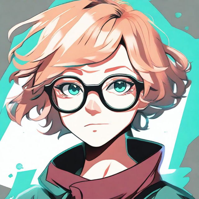 A girl with dark strawberry short blonde hair, teal eyes, and grey circle glasses