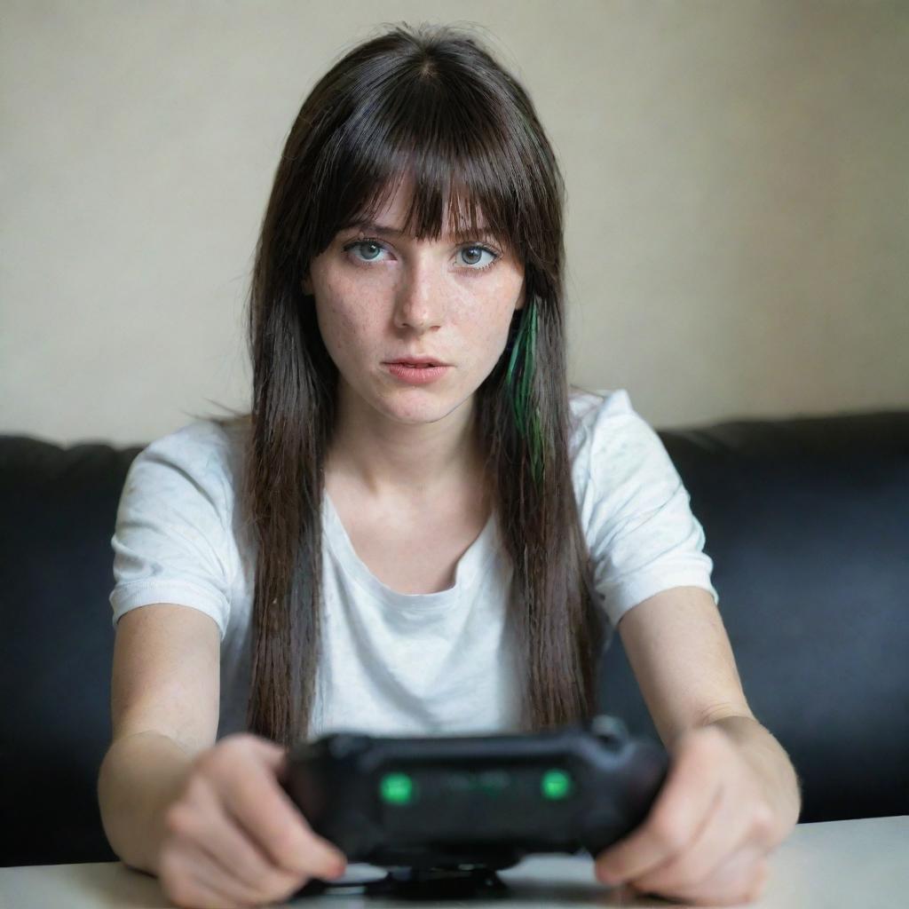 casual photograpy by kodak, female , 23 year old with green eyes and black long hai with withe streaks in the bangs, ocational clothes.,freckles, playing video games, medium distance shot, high detailed, 4k hd,  --styerw--v 5.2 ar 2-3