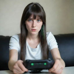 casual photograpy by kodak, female , 23 year old with green eyes and black long hai with withe streaks in the bangs, ocational clothes.,freckles, playing video games, medium distance shot, high detailed, 4k hd,  --styerw--v 5.2 ar 2-3