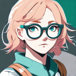 A girl with dark strawberry short blonde hair, teal eyes, and grey circle glasses