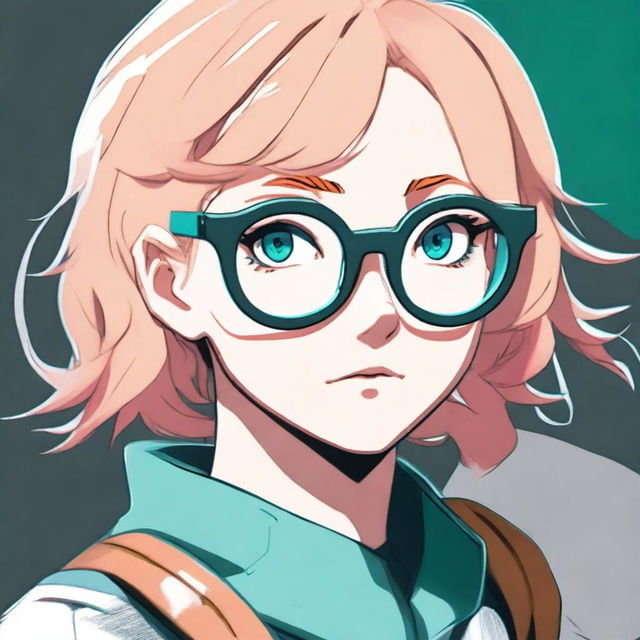 A girl with dark strawberry short blonde hair, teal eyes, and grey circle glasses