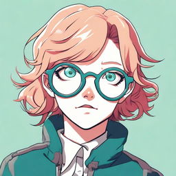 A girl with dark strawberry short blonde hair, teal eyes, and grey circle glasses