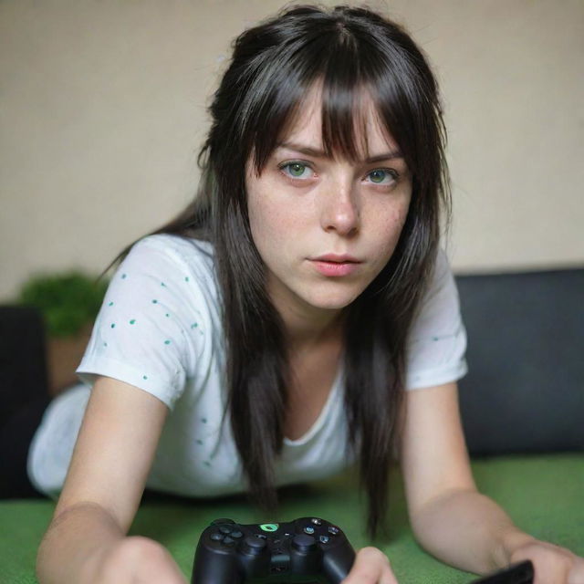 casual photograpy by kodak, female , 23 year old with green eyes and black long hai with withe streaks in the bangs, ocational clothes.,freckles, playing video games, medium distance shot, high detailed, 4k hd,  --styerw--v 5.2 ar 2-3