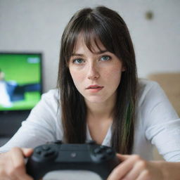 casual photograpy by kodak, female , 23 year old with green eyes and black long hai with withe streaks in the bangs, ocational clothes.,freckles, playing video games, medium distance shot, high detailed, 4k hd,  --styerw--v 5.2 ar 2-3