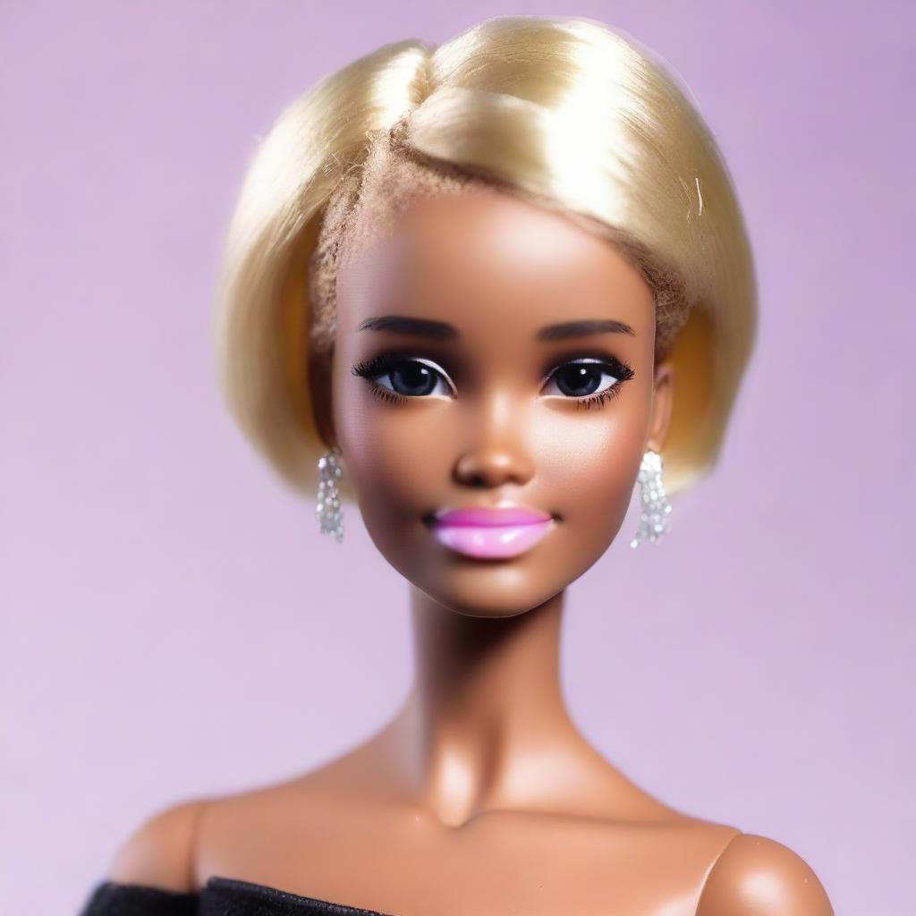 Create an image of a very natural Barbie doll with black skin, short hair, and no makeup