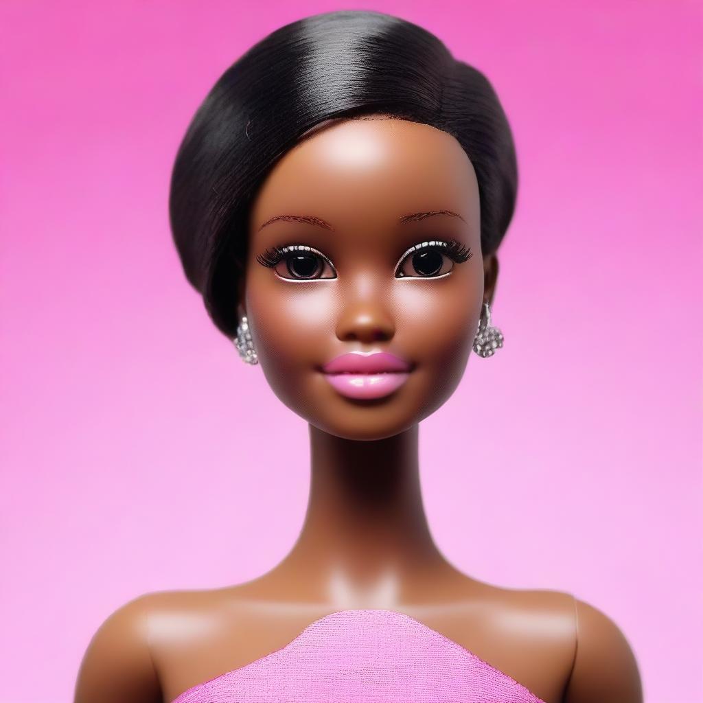 Create an image of a very natural Barbie doll with black skin, short hair, and no makeup