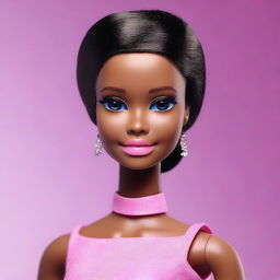 Create an image of a very natural Barbie doll with black skin, short hair, and no makeup