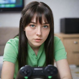 casual photograpy by kodak, female , 23 year old with green eyes and black long hai with withe streaks in the bangs, ocational clothes.,freckles, playing video games, medium distance shot, high detailed, 4k hd,  --styerw--v 5.2 ar 2-3