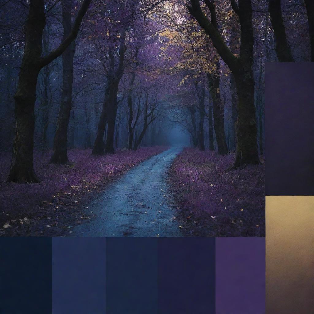 An image utilizing a mystical and nocturnal color palette of dark blues, purples, and golds that captivates the unique atmosphere of a tale, creating an engrossing visual contrast.