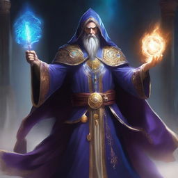 An archmage from the Arcane Brotherhood, depicted with an aura of immense magical power