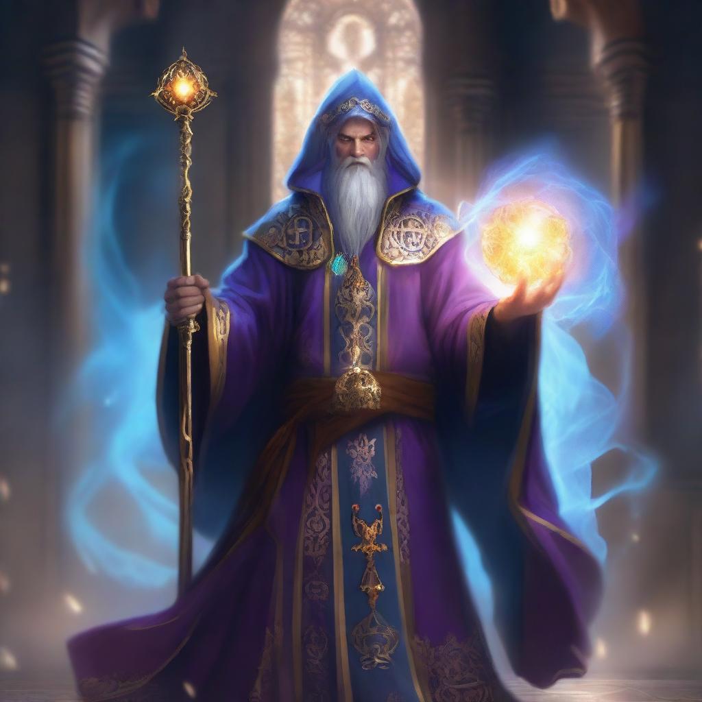 An archmage from the Arcane Brotherhood, depicted with an aura of immense magical power