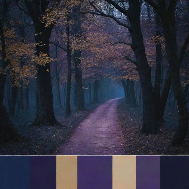 An image utilizing a mystical and nocturnal color palette of dark blues, purples, and golds that captivates the unique atmosphere of a tale, creating an engrossing visual contrast.