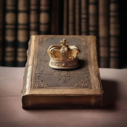 An ancient, weathered book with a golden crown resting on top of it