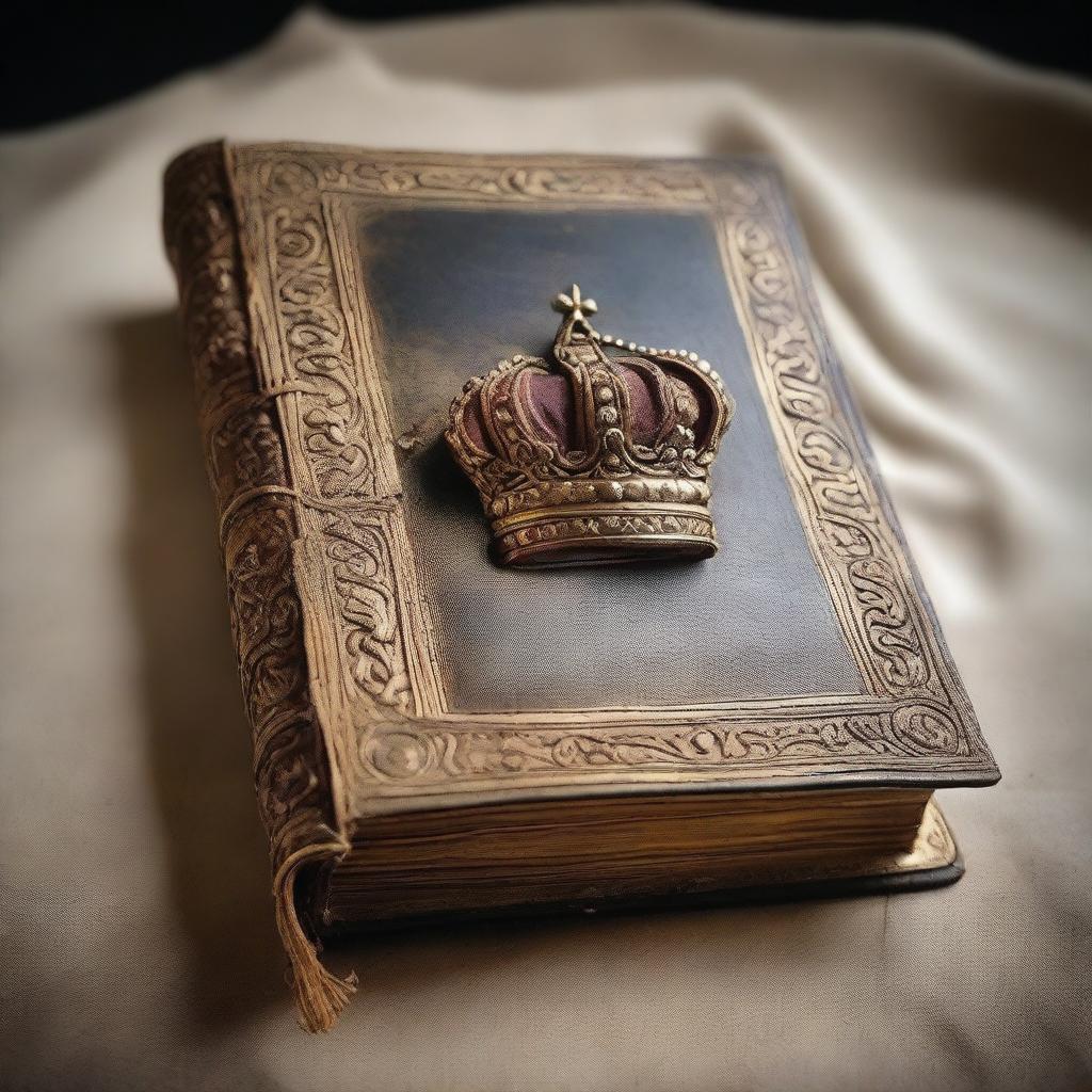 An ancient, weathered book with a golden crown resting on top of it