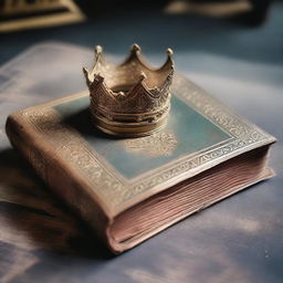 An ancient, weathered book with a golden crown resting on top of it