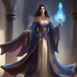 A female human sorcerer, an Overwizard of the Host Tower of the Arcane and Master of the South Tower