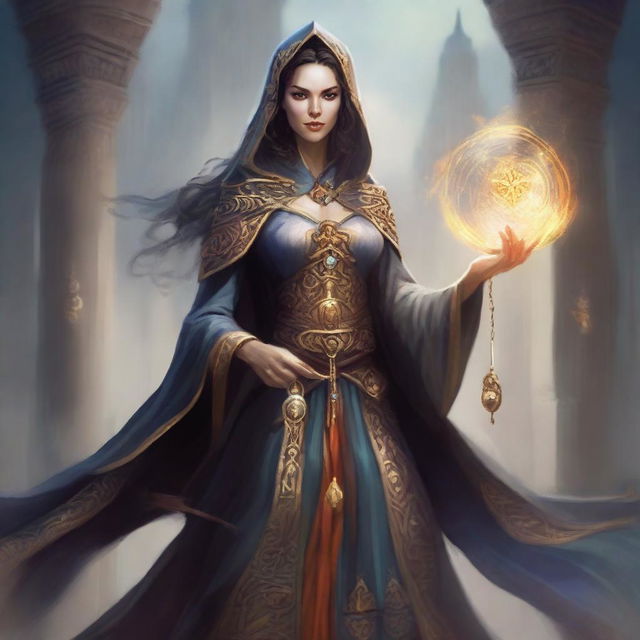 A female human sorcerer, an Overwizard of the Host Tower of the Arcane and Master of the South Tower