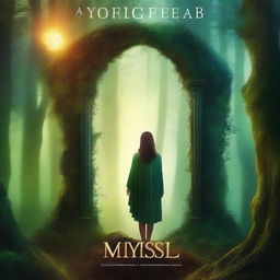 Create a captivating Wattpad book cover featuring a mysterious and enchanting forest with a young woman standing at the edge of a glowing portal