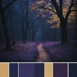 An image utilizing a mystical and nocturnal color palette of dark blues, purples, and golds that captivates the unique atmosphere of a tale, creating an engrossing visual contrast.