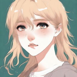 A book cover featuring a blonde girl in her late teens with amber colored eyes, crying in a manhwa style