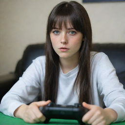 casual photograpy by kodak, female , 23 year old with green eyes and black long hai with withe streaks in the bangs, ocational clothes.,freckles, playing video games, medium distance shot, high detailed, 4k hd,  --styerw--v 5.2 ar 2-3