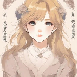 A book cover featuring a blonde girl in her late teens with amber colored eyes, crying in a manhwa style