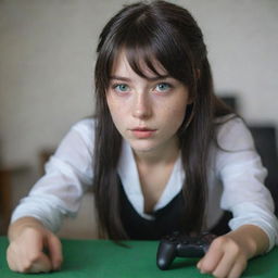 casual photograpy by kodak, female , 23 year old with green eyes and black long hai with withe streaks in the bangs, ocational clothes.,freckles, playing video games, medium distance shot, high detailed, 4k hd,  --styerw--v 5.2 ar 2-3