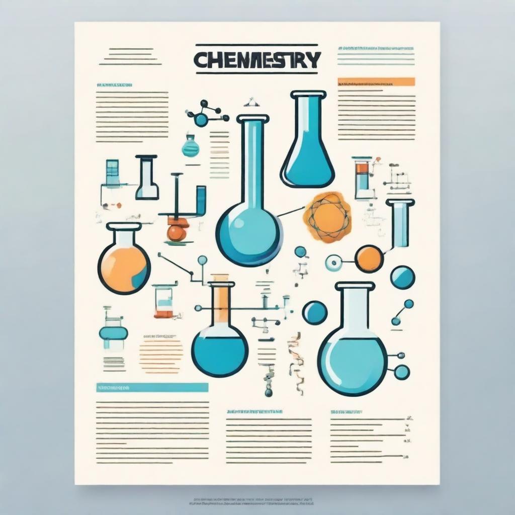 Design an A4 sheet with a chemistry theme, featuring elements like molecules, test tubes, chemical reactions, and scientific symbols