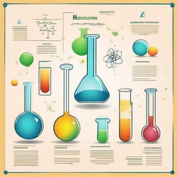 Design an A4 sheet with a chemistry theme, featuring elements like molecules, test tubes, chemical reactions, and scientific symbols