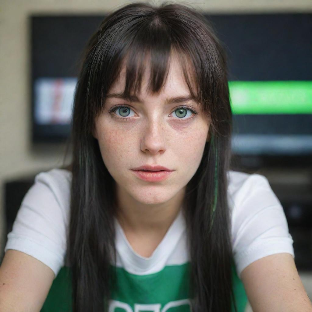 casual photograpy by kodak, female , 23 year old with green eyes and black long hai with withe streaks in the bangs, ocational clothes.,freckles, playing video games, medium distance shot, high detailed, 4k hd,  --styerw--v 5.2 ar 2-3