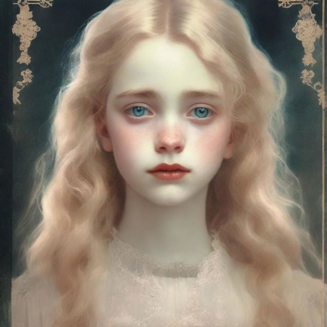 A book cover featuring a blonde girl in her late teens with amber colored eyes, crying