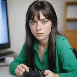 casual photograpy by kodak, female , 23 year old with green eyes and black long hai with withe streaks in the bangs, ocational clothes.,freckles, playing video games, medium distance shot, high detailed, 4k hd,  --styerw--v 5.2 ar 2-3