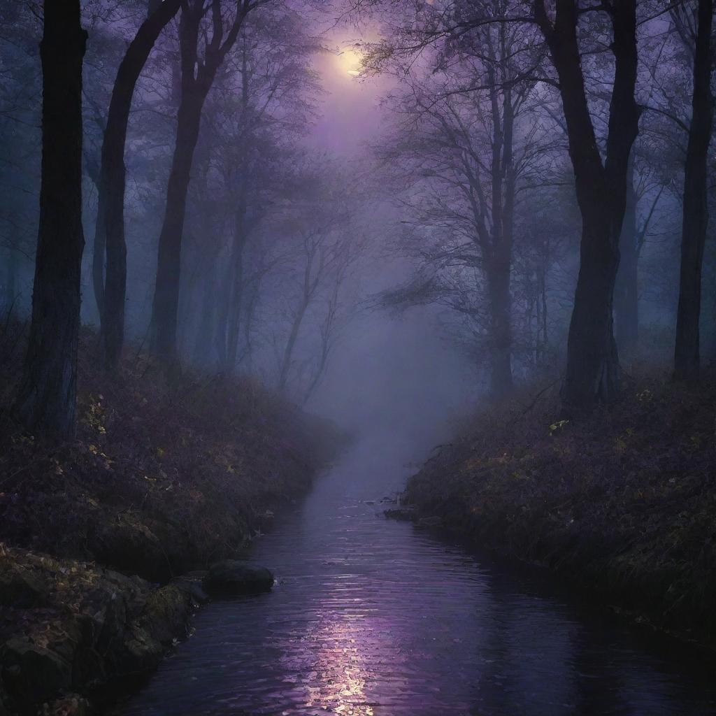 A captivating image using a mystical and nightly color palette featuring dark blues, purples, and golds, expressing the unique atmosphere of a story while creating an engaging visual contrast.
