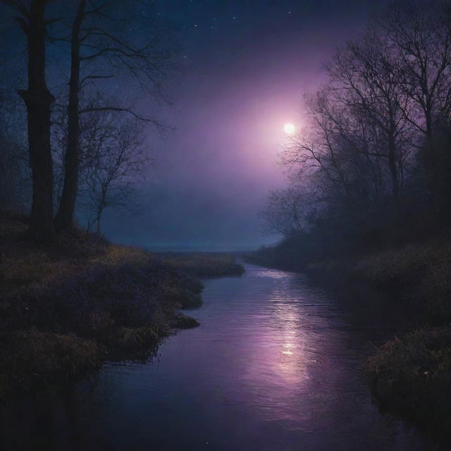 A captivating image using a mystical and nightly color palette featuring dark blues, purples, and golds, expressing the unique atmosphere of a story while creating an engaging visual contrast.