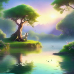 A serene fantasy morning scene with a mystical ambiance