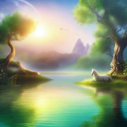 A serene fantasy morning scene with a mystical ambiance