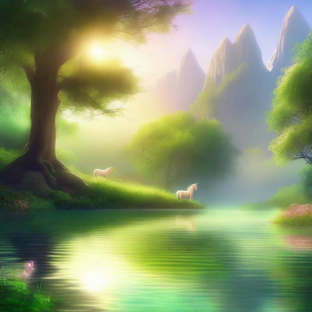 A serene fantasy morning scene with a mystical ambiance