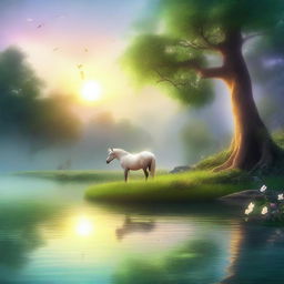 A serene fantasy morning scene with a mystical ambiance