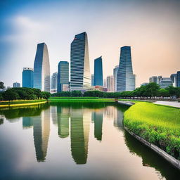 A beautiful cityscape of Dongguan, China, showcasing its modern skyline with tall buildings, bustling streets, and vibrant nightlife