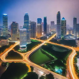 A beautiful cityscape of Dongguan, China, showcasing its modern skyline with tall buildings, bustling streets, and vibrant nightlife