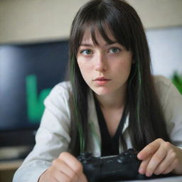 casual photograpy by kodak, female , 23 year old with green eyes and black long hai with withe streaks in the bangs, ocational clothes.,freckles, playing video games, medium distance shot, high detailed, 4k hd,  --styerw--v 5.2 ar 2-3