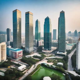 A beautiful cityscape of Dongguan, China, showcasing its modern skyline with tall buildings, bustling streets, and vibrant nightlife